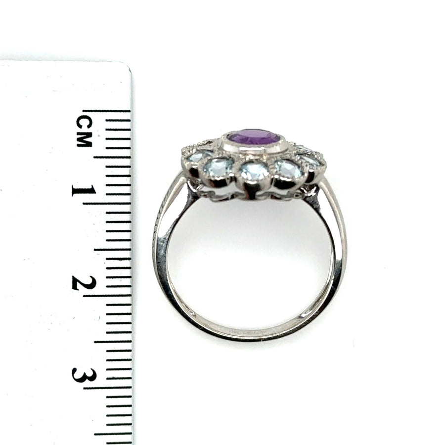 9ct White Gold Amethyst and Tanzanite Ring - Size N 1/2