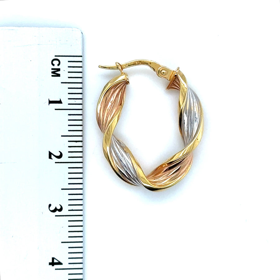 9ct Tri-Colour Twist Hoop Earrings