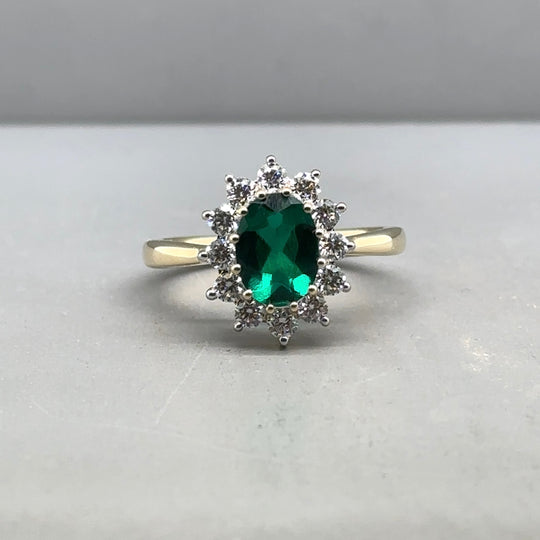 9ct Yellow Gold Lab Grown Diamond and Emerald Cluster Ring (c. 0.47ct) - Size O - NEW!