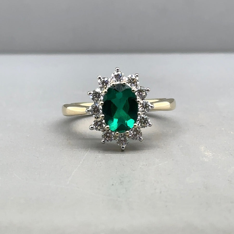 9ct Yellow Gold Lab Grown Diamond and Emerald Cluster Ring (c. 0.47ct) - Size O - NEW!