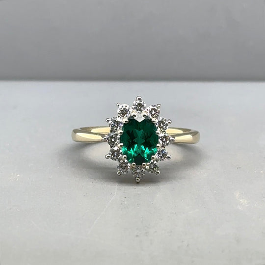 9ct Yellow Gold Lab Grown Diamond and Emerald Cluster Ring (c. 0.47ct) - Size K 1/2 - NEW!