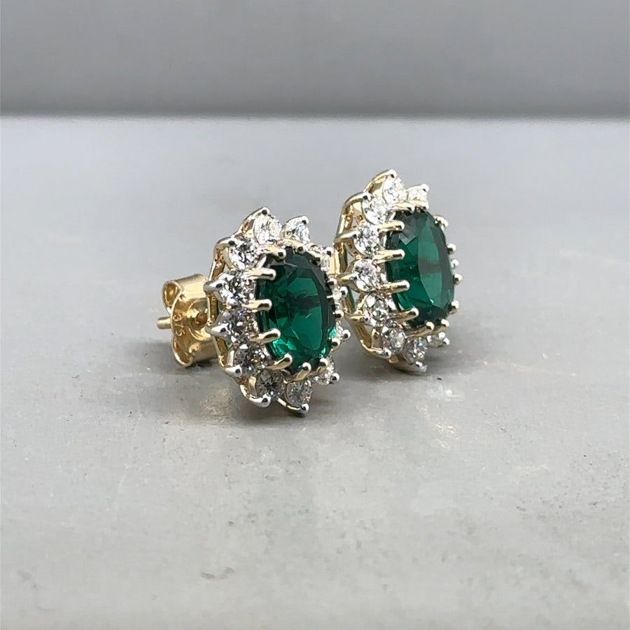 9ct Yellow Gold Lab Grown Diamond and Emerald Cluster Stud Earrings (c. 0.95ct) NEW!