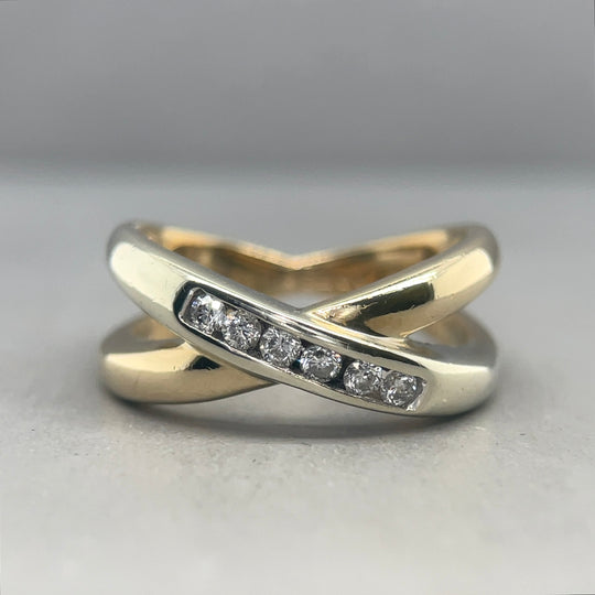 9ct Bi-Colour Diamond Set Crossover Ring - Size J