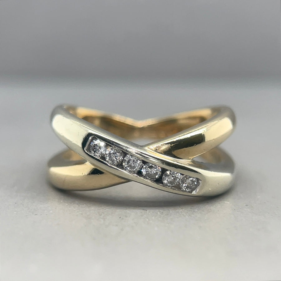 9ct Bi-Colour Diamond Set Crossover Ring - Size J