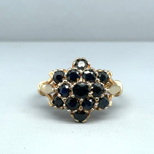 9ct Yellow Gold Blue Spinel Cluster Ring - Size M 1/2