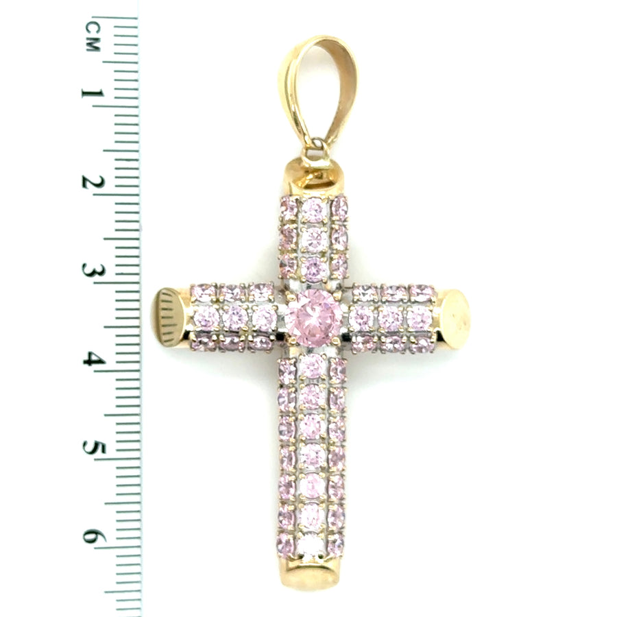 9ct Yellow Gold Pink Cubic Zirconia Cross Pendant