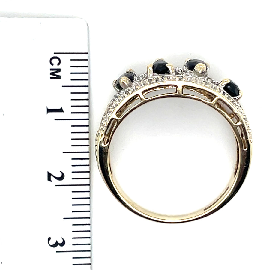 9ct Yellow Gold Diamond and Sapphire Ring (c. 0.10 - 0.15ct) - Size S