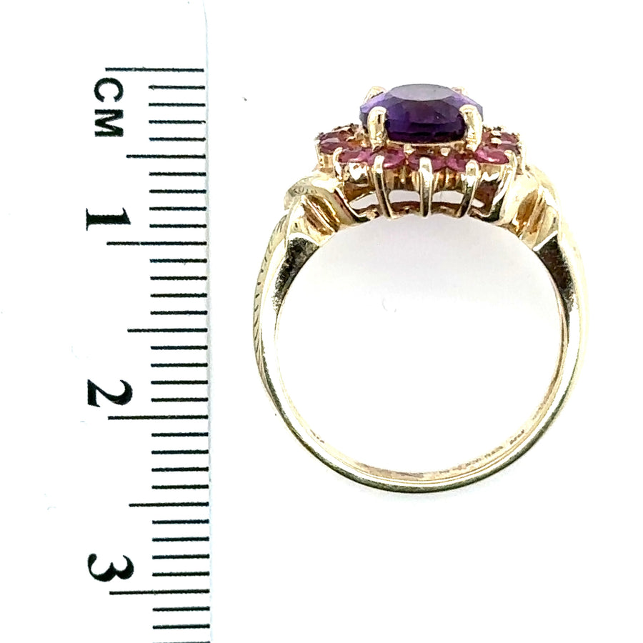 9ct Yellow Gold Amethyst and Tourmaline Ring - Size K 1/2