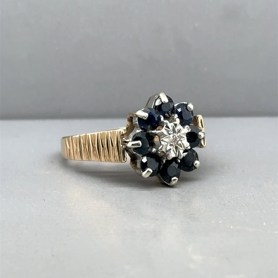 9ct Yellow Gold Sapphire and Diamond Cluster Ring - Size L