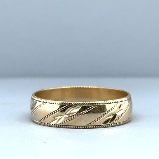 9ct Yellow Gold Patterned Band Ring - Size N 1/2