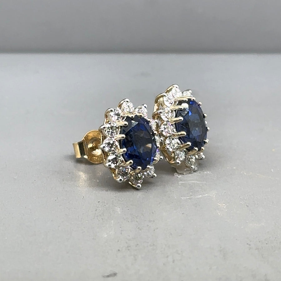 9ct Yellow Gold Lab Grown Diamond and Sapphire Cluster Stud Earrings (c. 0.95ct) NEW!