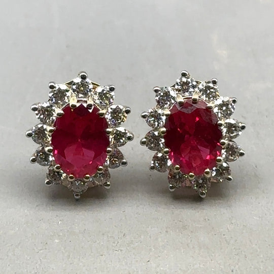9ct Yellow Gold Lab Grown Diamond and Ruby Cluster Stud Earrings (c. 0.95ct) NEW!