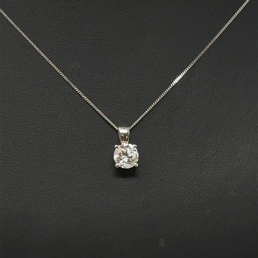 9ct White Gold Single Stone Lab Grown Diamond Pendant and Fine Chain (c. 1.00ct) (18”) NEW!
