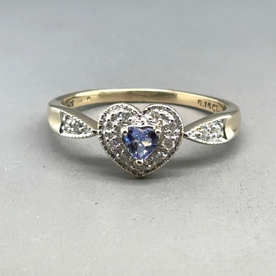 9ct Yellow Gold Diamond and Tourmaline Heart Ring (c. 0.15ct) - Size V