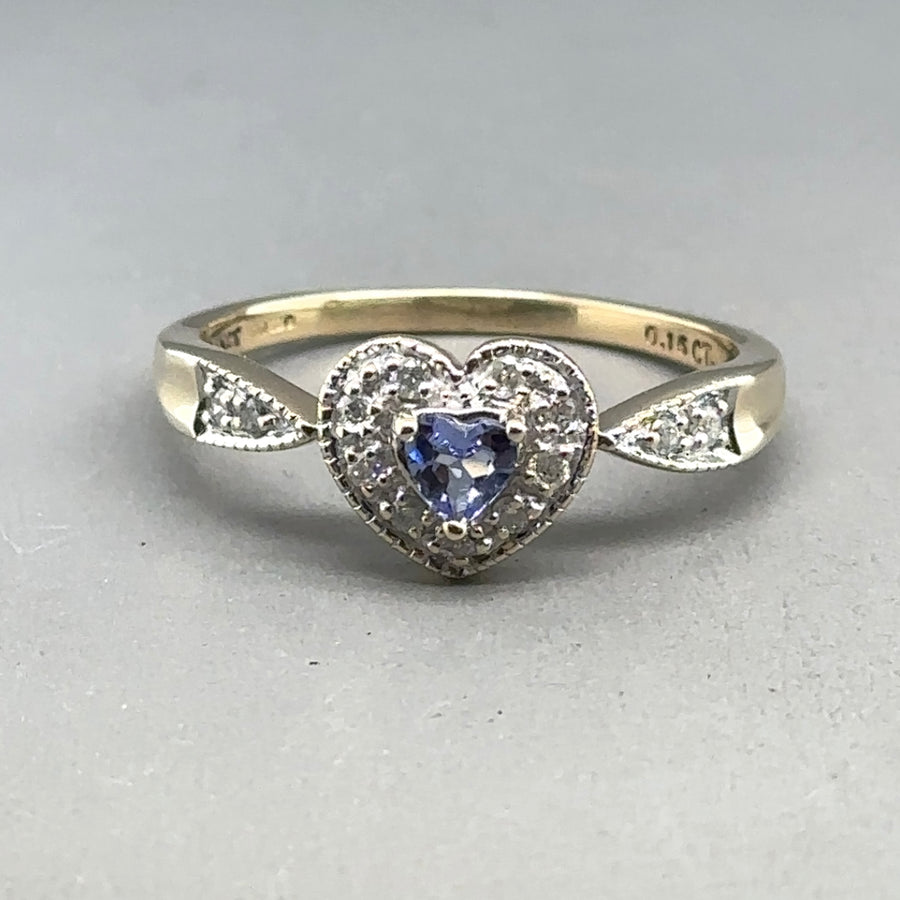 9ct Yellow Gold Diamond and Tourmaline Heart Ring (c. 0.15ct) - Size V