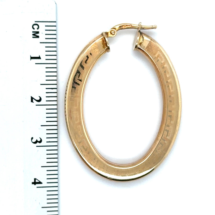9ct Yellow Gold Greek Key Oval Hoop Earrings