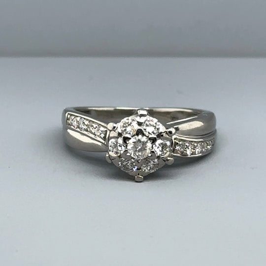 9ct White Gold Diamond Cluster Ring with Diamond Shoulders (c. 0.50ct) - Size I 1/2
