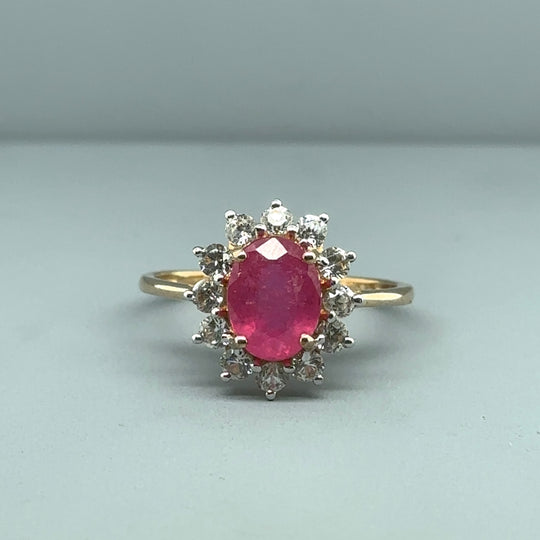9ct Yellow Gold Pink and White Synthetic Stone Cluster Ring - Size R