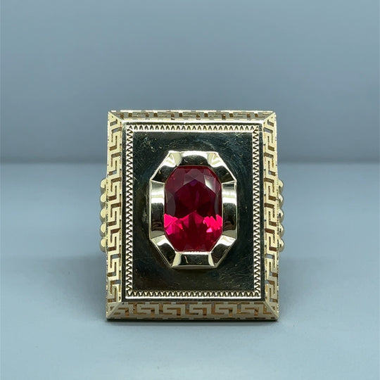 14ct Yellow Gold Red Synthetic Stone Dress Ring - Size T