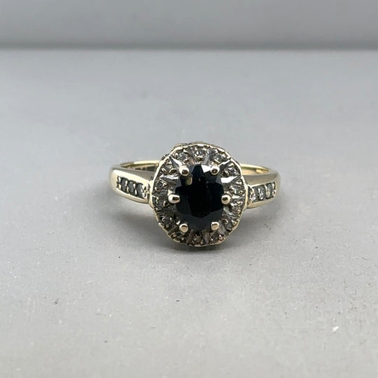 9ct Yellow Gold Diamond and Sapphire Ring (c. 0.10 - 0.15ct) - Size K 1/2