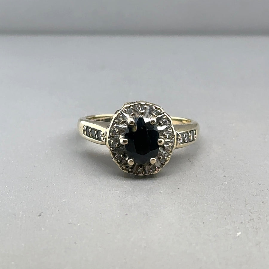 9ct Yellow Gold Diamond and Sapphire Ring (c. 0.10 - 0.15ct) - Size K 1/2