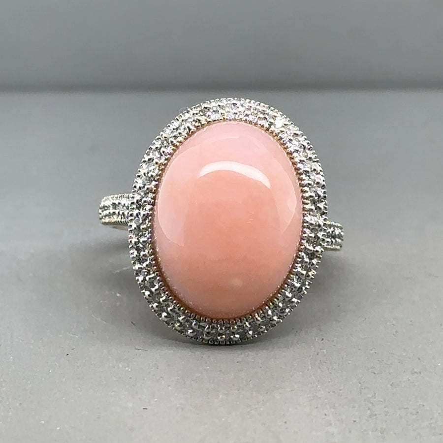 9ct Yellow Gold Pink Coral and Diamond Ring (c. 0.30ct) - Size P