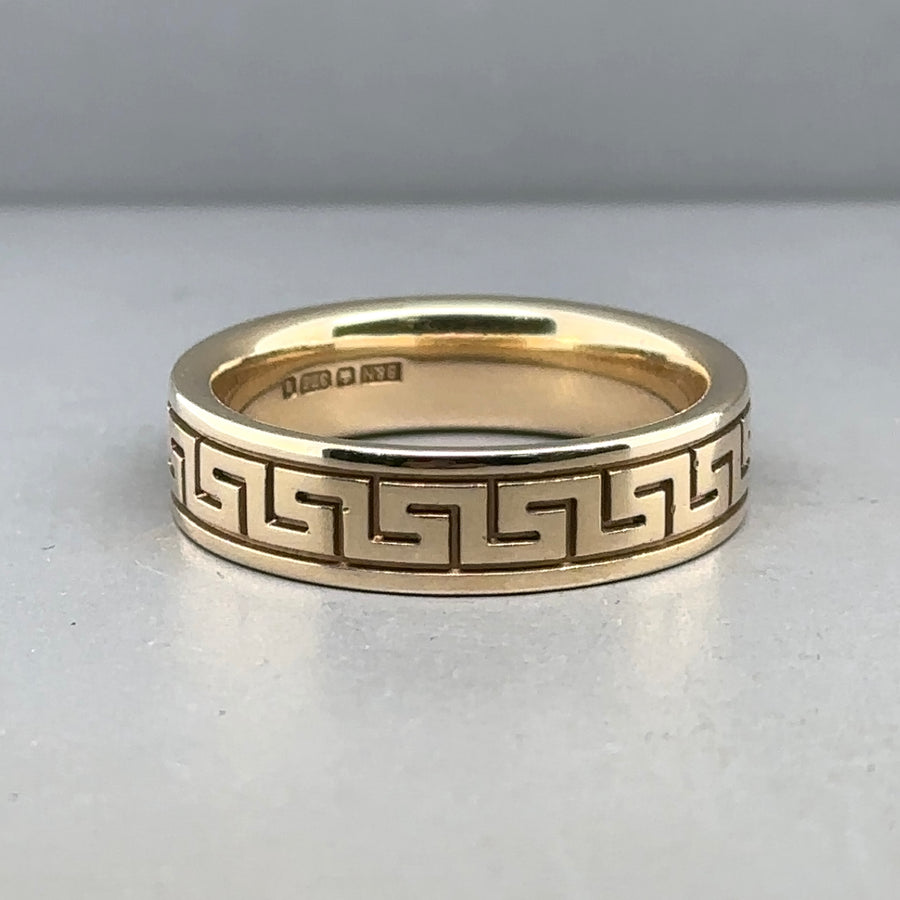 9ct Yellow Gold Greek Key Band Ring - Size S 1/2