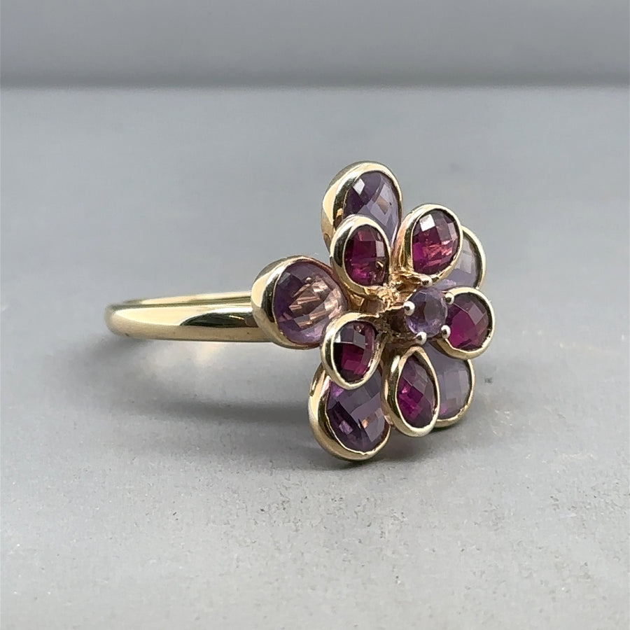 9ct Yellow Gold Amethyst and Tourmaline Ring - Size O
