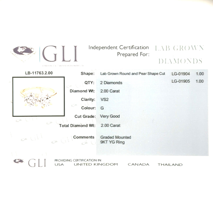 9ct Yellow Gold Two Stone Lab Grown Diamond Ring (c. 2.00ct) - Size L - NEW!
