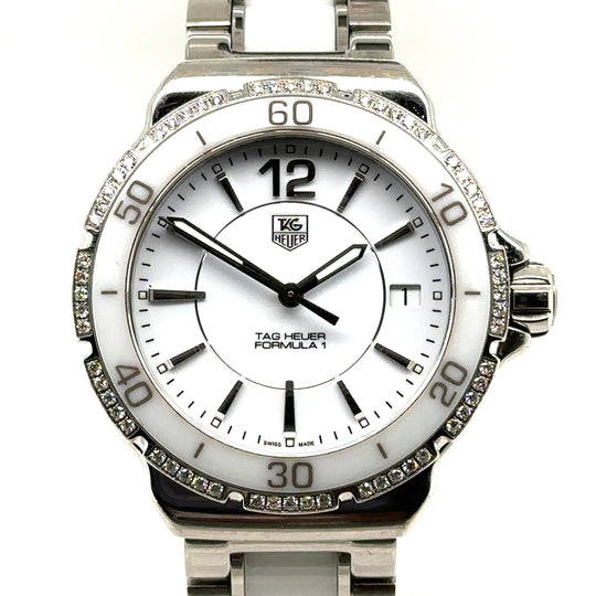 Pre-Owned Stainless Steel and White Ceramic and Diamond Bezel Formula 1 Tag Heuer Watch (Ladies)