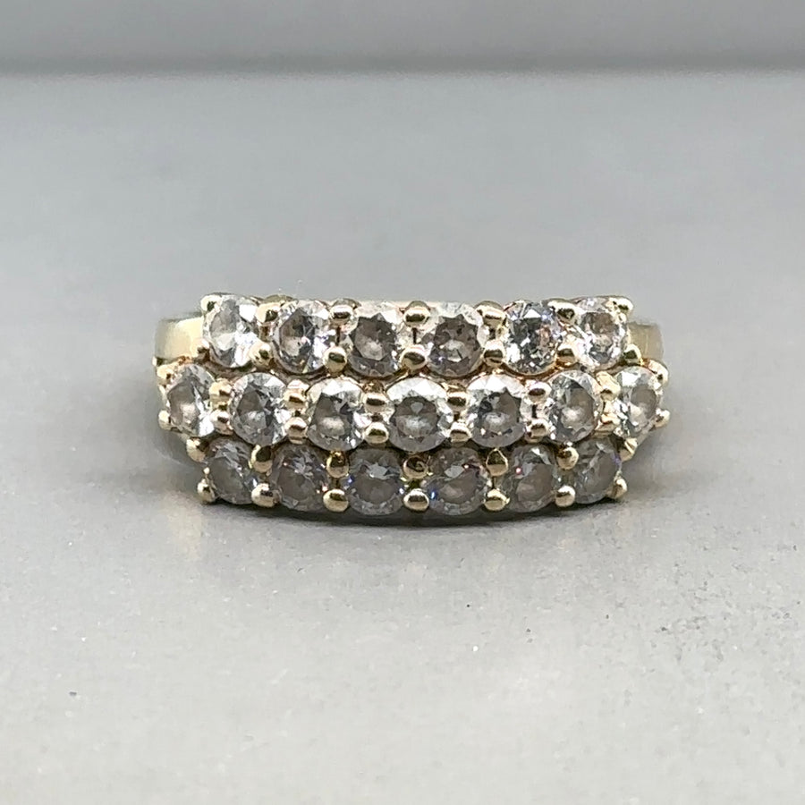 14ct Yellow Gold Three Row Cubic Zirconia Ring - Size P 1/2