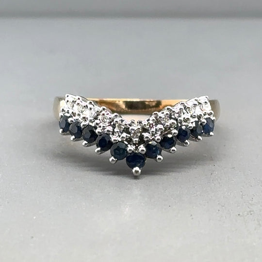 9ct Yellow Gold Sapphire and Diamond Chevron Ring - Size P