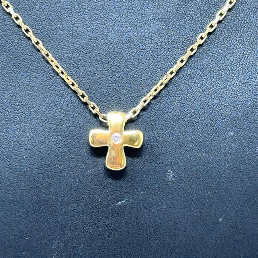 18ct Yellow Gold Single Stone Cross Pendant and Chain (18")