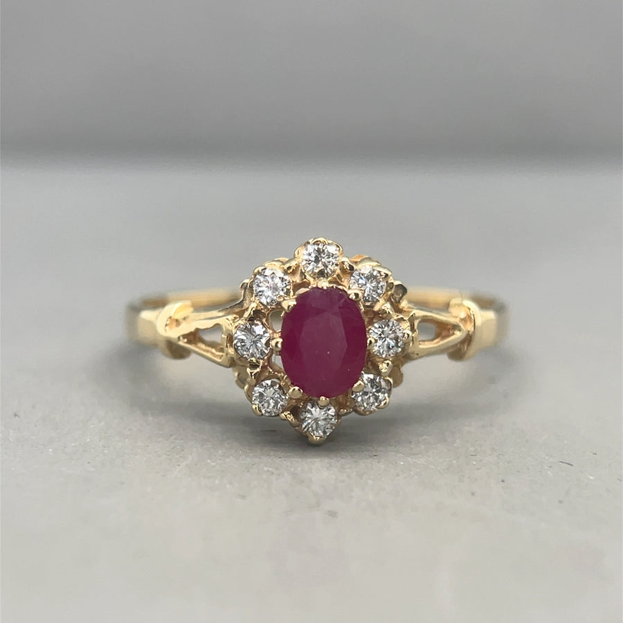 9ct Yellow Gold Ruby and Diamond Ring (c. 0.16ct) - Size R