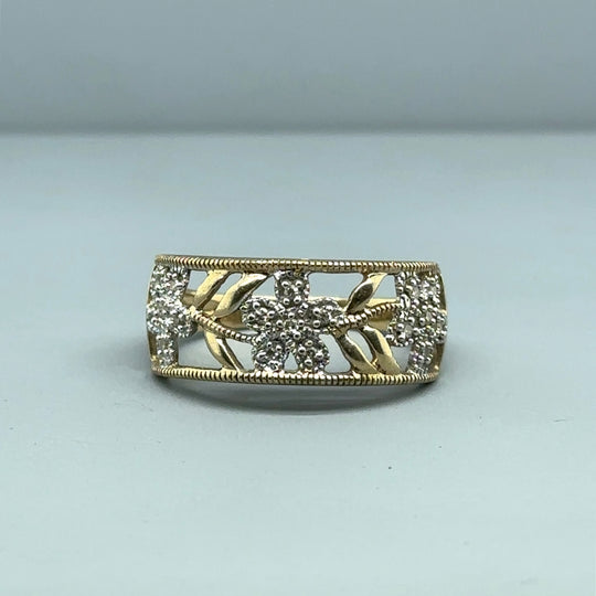 9ct Yellow Gold Diamond Flower Open Work Ring - Size M 1/2