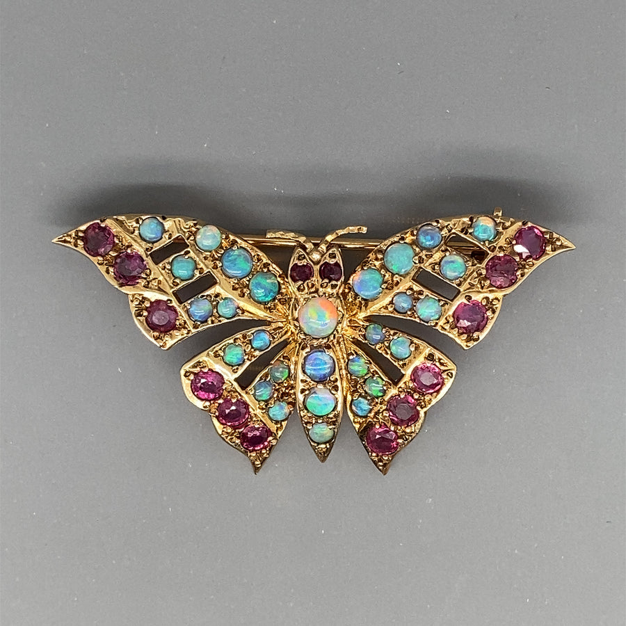 9ct Yellow Gold Opal and Ruby Butterfly Brooch