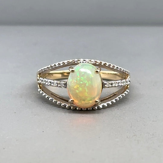 9ct Yellow Gold Opalite and Diamond Ring - Size N