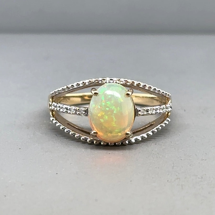 9ct Yellow Gold Opalite and Diamond Ring - Size N