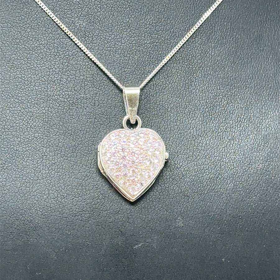 9ct White Gold Cubic Zirconia Heart Locket and Fine Chain (20")
