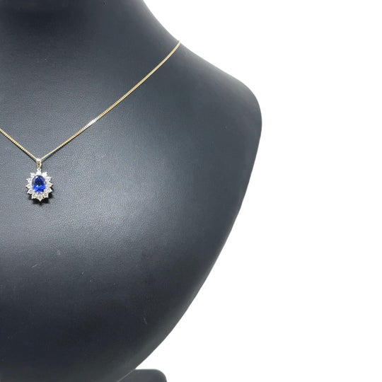 9ct Yellow Gold Lab Grown Diamond and Sapphire Cluster Pendant and Fine Chain (c. 0.47ct) (19") NEW!