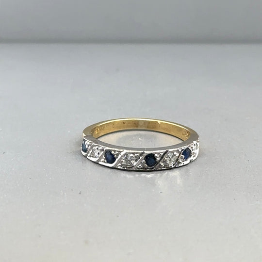18ct Yellow Gold Sapphire and Diamond Half Eternity Ring - Size J 1/2