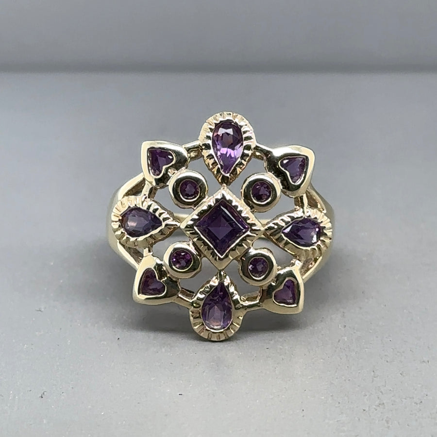 9ct Yellow Gold Fancy Amethyst Ring - Size P