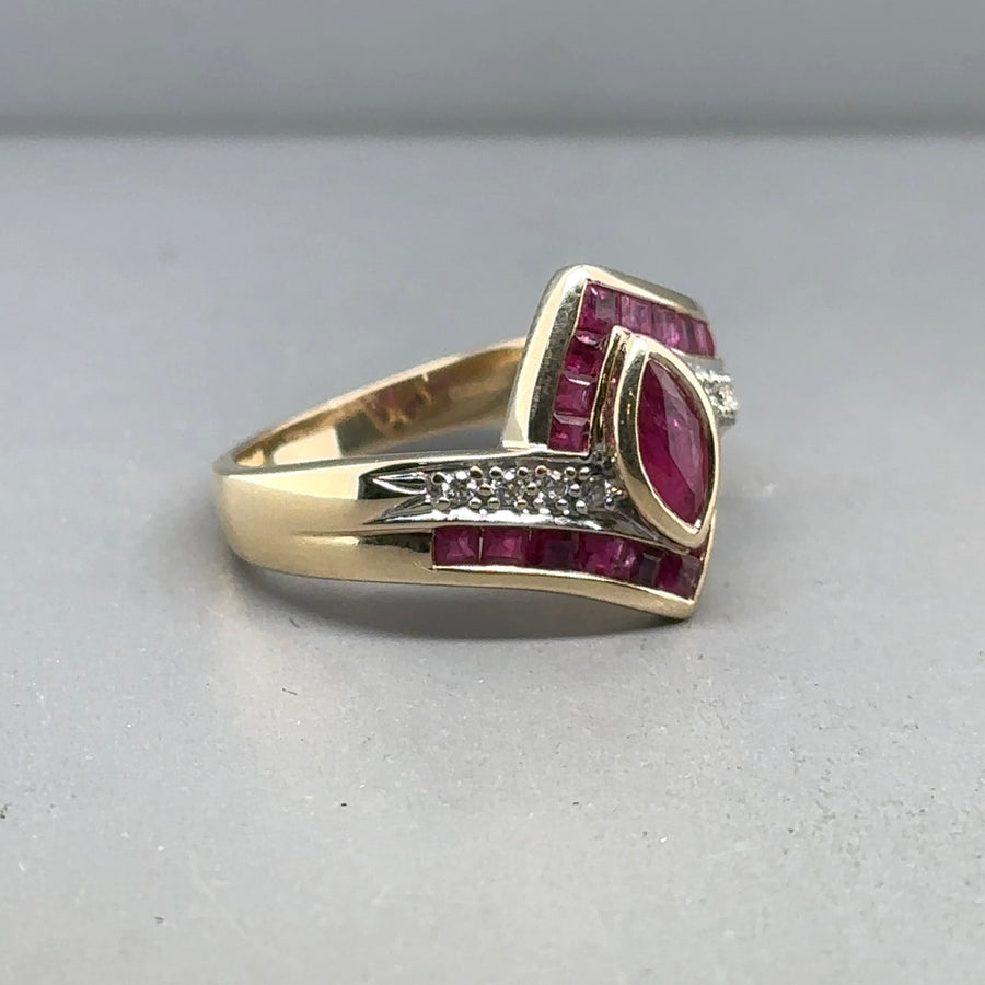 9ct Yellow Gold Ruby and Diamond Ring - Size N 1/2