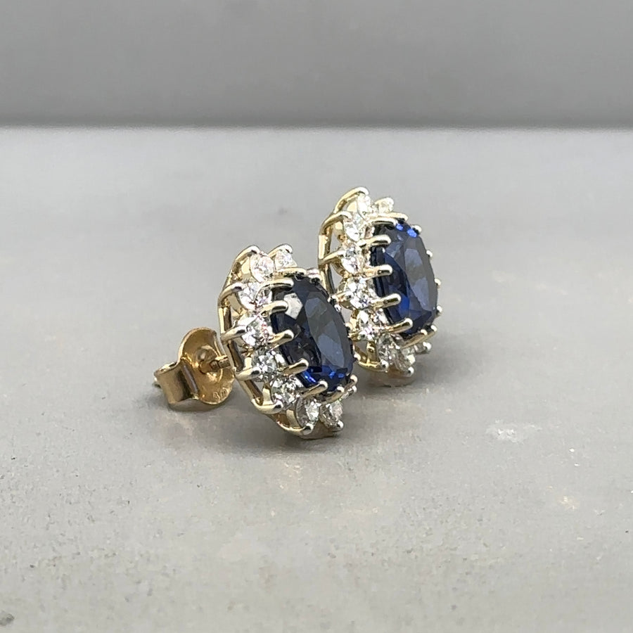 9ct Yellow Gold Lab Grown Diamond and Sapphire Cluster Stud Earrings (c. 0.95ct) NEW!