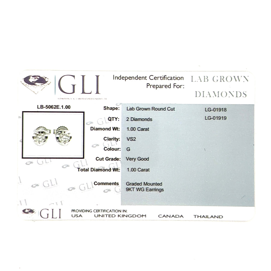 9ct White Gold Single Stone Lab Grown Diamond Stud Earrings (c. 1.00ct) NEW!