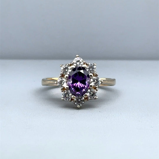 9ct Yellow Gold Purple and White Cubic Zirconia Ring - Size P