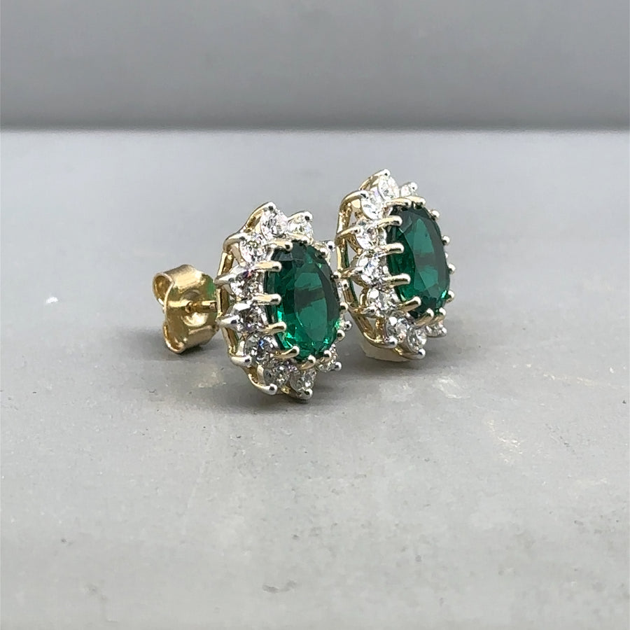 9ct Yellow Gold Lab Grown Diamond and Emerald Cluster Stud Earrings (c. 0.95ct) NEW!