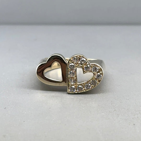 9ct Yellow Gold Cubic Zirconia Set Double Heart Ring - Size L