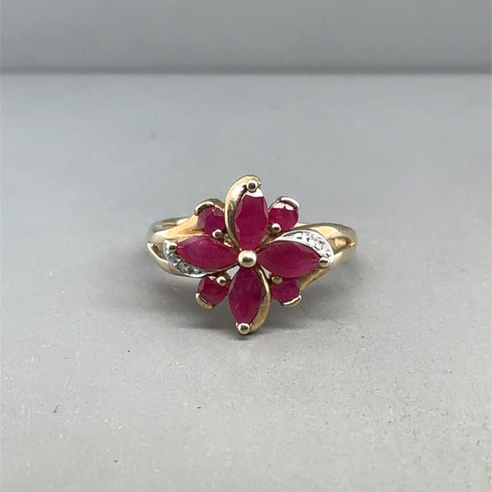 9ct Yellow Gold Ruby and Diamond Flower Style Ring - Size L 1/2