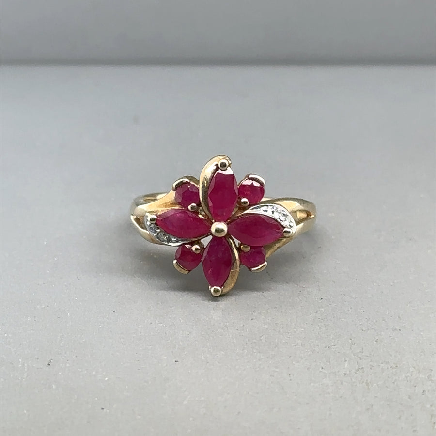 9ct Yellow Gold Ruby and Diamond Flower Style Ring - Size L 1/2